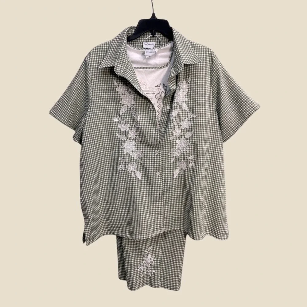 BonWorth 3 Piece Set Sage Green Gingham Embroidered Shirt Pants Top XL